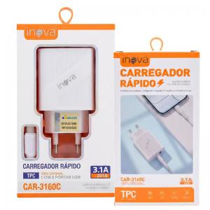Carregador Inova Tipo C 3.1A Rápido Duplo Usb Fonte Cabo 100Cm