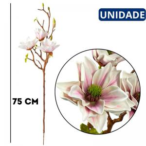 Flor Artificial Magnólia Premium Branca Rajada Rosa Setenta e Cinco Centímetros Decoração Luxo