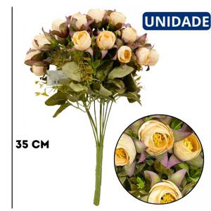 Buquê Artificial Mini Botão Creme Folhagens 9 Flores Altura 35Cm