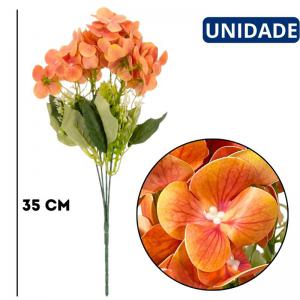 Buquê de Hortênsias Artificiais Laranja 5 Hastes 35Cm Decoração Permanente
