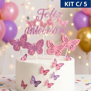 Topo de Bolo Borboletas Lilás Feliz Aniversário 5 Peças Decoração Festa