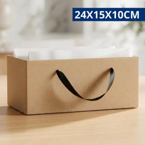 Cachepot Papelão Kraft Retangular Alça Cetim 24X15X10Cm Cesta Presente