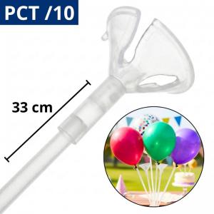 Kit 10 Varetas Plásticas Transparentes Suporte Balões Adaptador Clique 33Cm