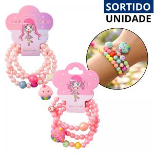 Kit Pulseiras Infantis Miçangas Coloridas Elástico 3 Peças Sortidas