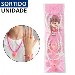Kit Colar, Pulseira e Anel Infantil Miçanga Colorido Sortido Menina