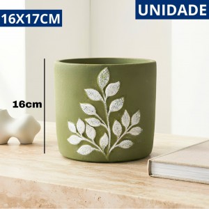 Vaso de Cimento Decorativo Folhas Verde Creme 16X17Cm | Moderno