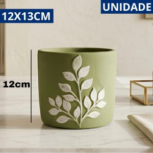 Vaso Decorativo Cimento Folhas Verde Creme 12X13Cm Decoração Casa Moderna
