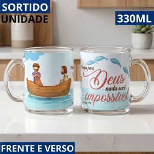 Caneca Vidro Luz e Fé Frases Sortidas 330Ml Café Chá Presente Religioso