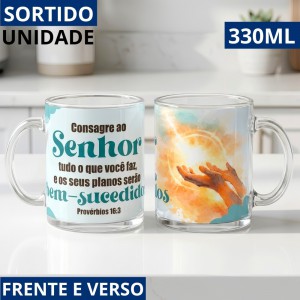 Caneca Vidro 330Ml Luz e Fé com Frases Sortidas Decorativa Presente Café Chá