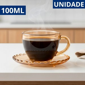 Kit Xícaras Café Vidro Âmbar Luna 100Ml Pires Elegante Duplo