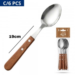 Kit 6 Colheres Mesa Cabo Madeira Delta Wood Inox 19Cm Resistente