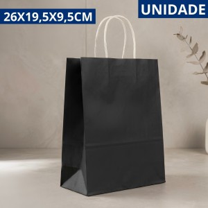 Sacola de Papel Preta Média com Alça 26X19,5X9,5Cm para Presente