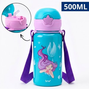 Garrafa Alumínio Sereia Infantil Canudo Silicone 500Ml Cordão Prática Escolar