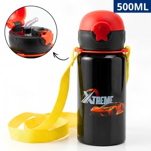 Garrafa Alumínio 500Ml Infantil Tema Carro Canudo Silicone Cordão Pendurar