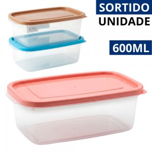 Pote Plástico Retangular 600Ml Transparente Tampa Colorida Sortida