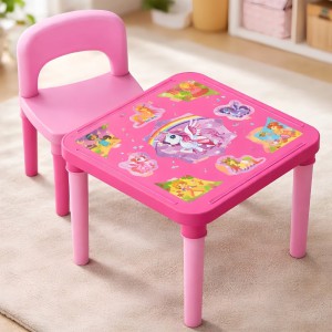 Kit Mesa Cadeira Infantil Unicórnio Rosa 50X50Cm Adesivos Decorar