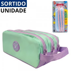 Estojo Escolar Triplo Vighs Grande Sortido 3 Zíperes Organização 24Cm