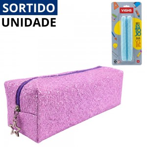 Estojo Escolar Brilho Tom Pastel Vighs Sortidos Grande Feminino 9X22X6Cm