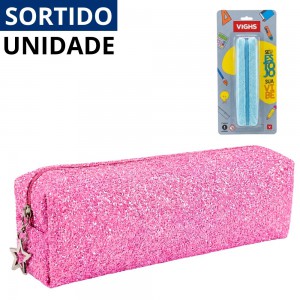 Estojo Escolar Brilho Vighs Sortidos Tom Pastel Grande 8X20X4Cm Volta Aulas